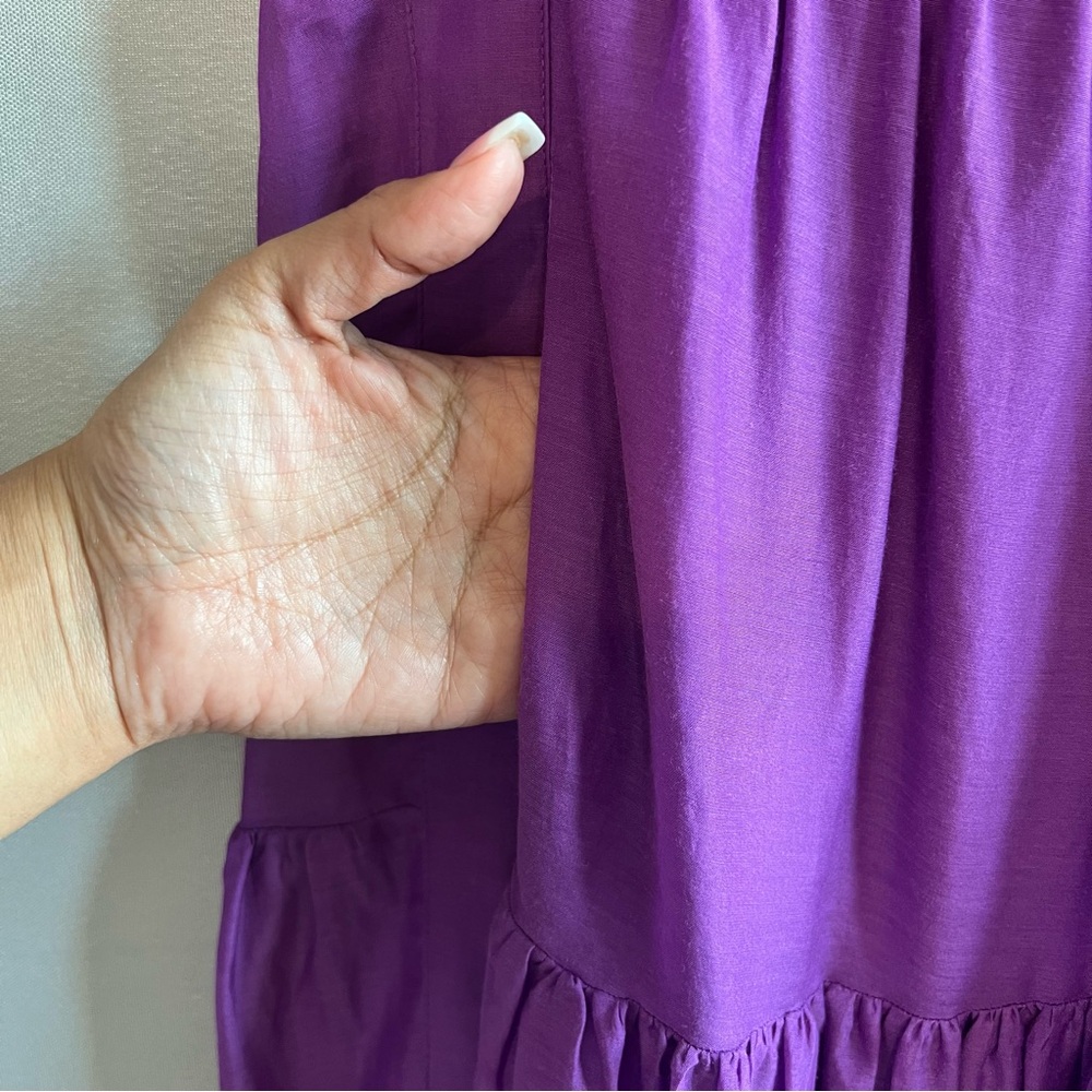 ME+EM Purple Cotton Silk Tiered Maxi Dress Ruched Puff Shoulder - Size 6 - Picture 7 of 8